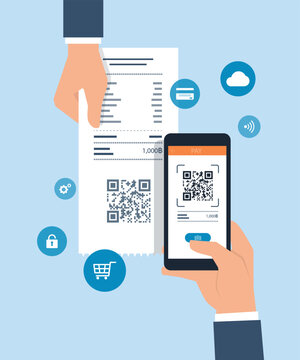 business flat vector design online payment by mobile scan QR code concept. hand hold smartphone to scan for online pay.
