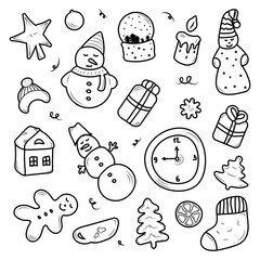 Set of cute christmas and new year elements in doodle style isolated on white background