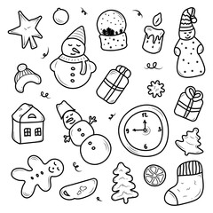 Set of cute christmas and new year elements in doodle style isolated on white background