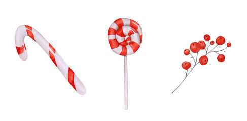 Candies and a branch of ilex plant isolated on a transparent background. Set of red and white watercolor striped lollipops, and a unit with berries. Set of Christmas holiday clipart.