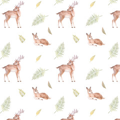 Obraz na płótnie Canvas Watercolor seamless pattern with cartoon deer and fern leaves on a white background