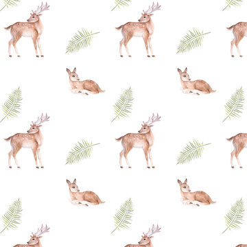 Watercolor seamless pattern with cartoon deer and fern leaves on a white background