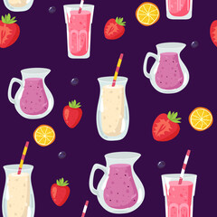 Vector seamless pattern with tropical cocktails, juice, wine and champagne glass. Doodle background with beverages. Design for summer beach party, bar menu of alcohol drinks or wine list