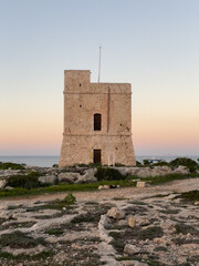 Naxxar, Malta - October 24th 2022:  Saint Mark's Tower on the shore of the Mediterranean Sea  was completed in 1658 and is the third of the De Redin towers to be built by the Order of Saint John.