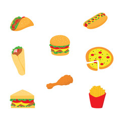 set of fast food icon design. burger, pizza, taco, hot dog, sandwich, fried chicken.
