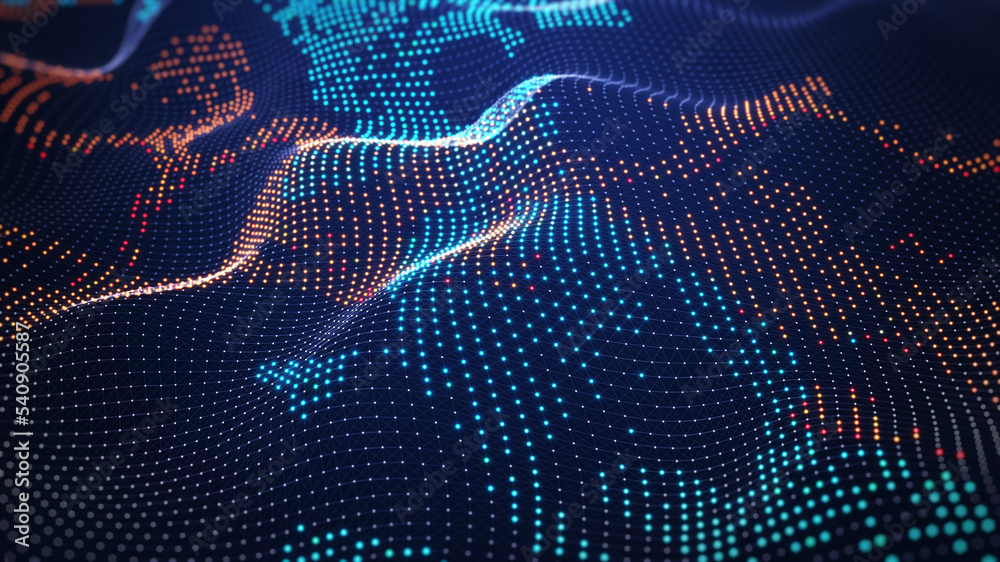 Poster cyber big data flow. blockchain data fields. concept of ai technology, motion of digital data flow. 