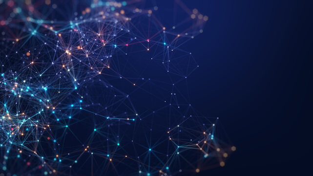 Abstract connected dots and lines. Concept of AI technology, Motion of digital data flow. Communication and technology network concept with moving lines and dots. 3D rendering