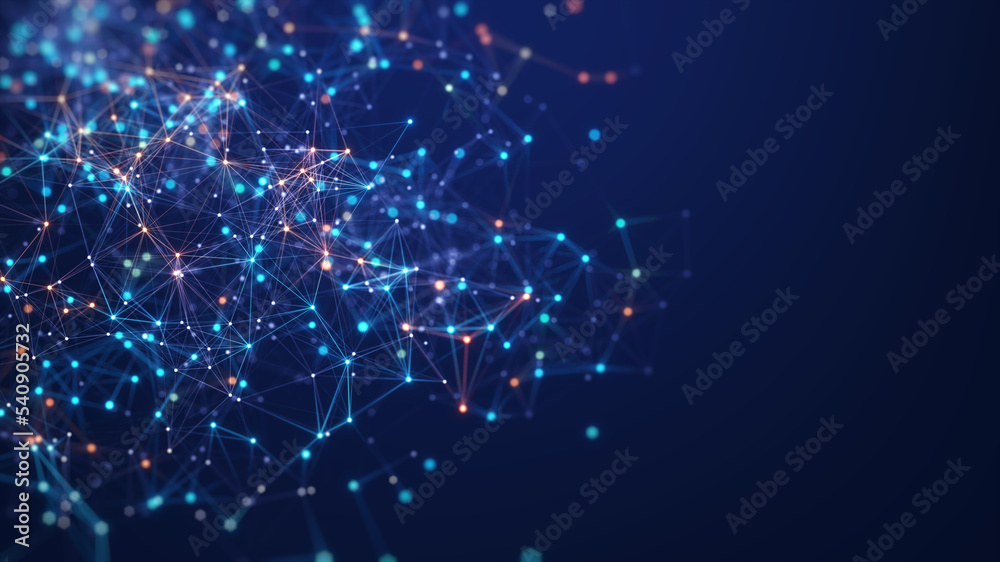 Poster Abstract connected dots and lines. Concept of AI technology, Motion of digital data flow. Communication and technology network concept with moving lines and dots. 3D rendering