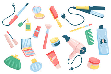 Womens accessories cute elements isolated set. Collection of hair curler, nail polish, comb, mascara, shampoo, hairdryer, face cream and other cosmetic. Illustration in flat cartoon design