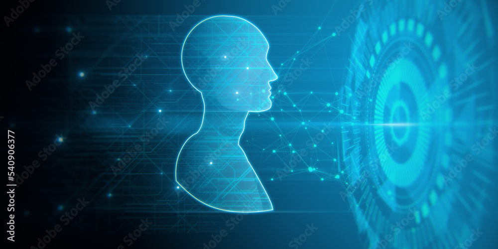 Poster abstract glowing artificial intelligence and machine learning hologram on blurry blue wallpaper. 3d 