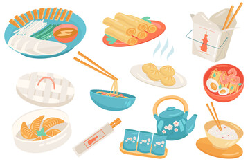 China food cute elements isolated set. Collection of traditional chinese food and street food at restaurant. Noodles, rice, ramen soup, tea and more dishes. Illustration in flat cartoon design