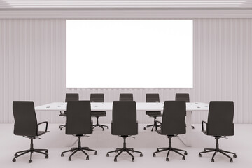 Contemporary concrete office meeting room interior with blank white mock up poster on wall, furniture, daylight, and equipment. Workplace and corporate concept. 3D Rendering.
