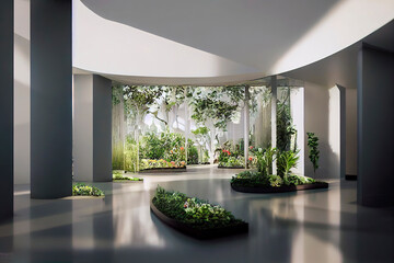 Background with modern interior biophilic courtyard design,  Generative AI	