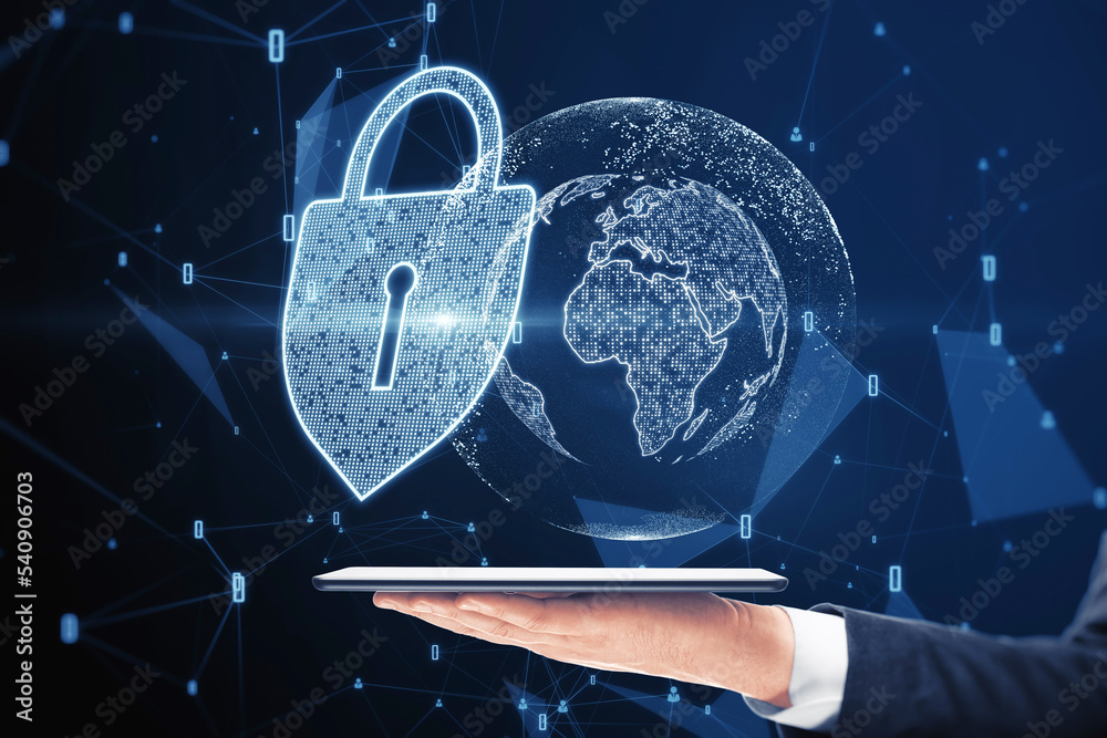 Poster close up of hand holding smartphone with abstract glowing padlock and globe hologram on blurry blue 