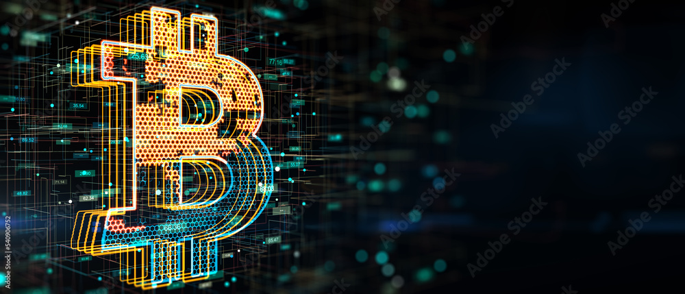 Poster New virtual money and cryptocurrency concept with digital bitcoin symbol with polygonal cells inside on abstract dark background with place for advertising poster. 3D rendering, mockup