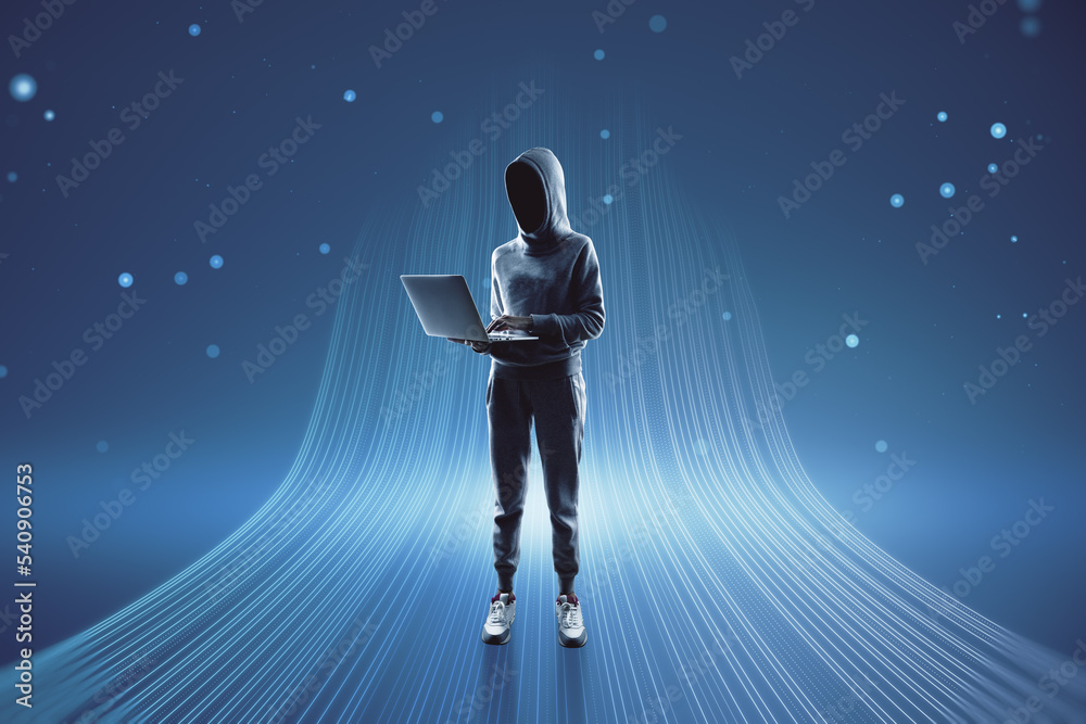 Poster Hacker with abstract glowing big data or metaverse hologram on blurry background. Future and digital world concept.