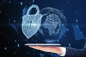 Close up of hand holding smartphone with abstract glowing padlock and globe hologram on blurry blue background. Global web safety and protection concept.