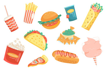 Fast food cute elements isolated set. Collection of fries, hamburger, cheeseburger, hot dog, burrito, nachos, popcorn, pizza, cotton candy and drink. Illustration in flat cartoon design