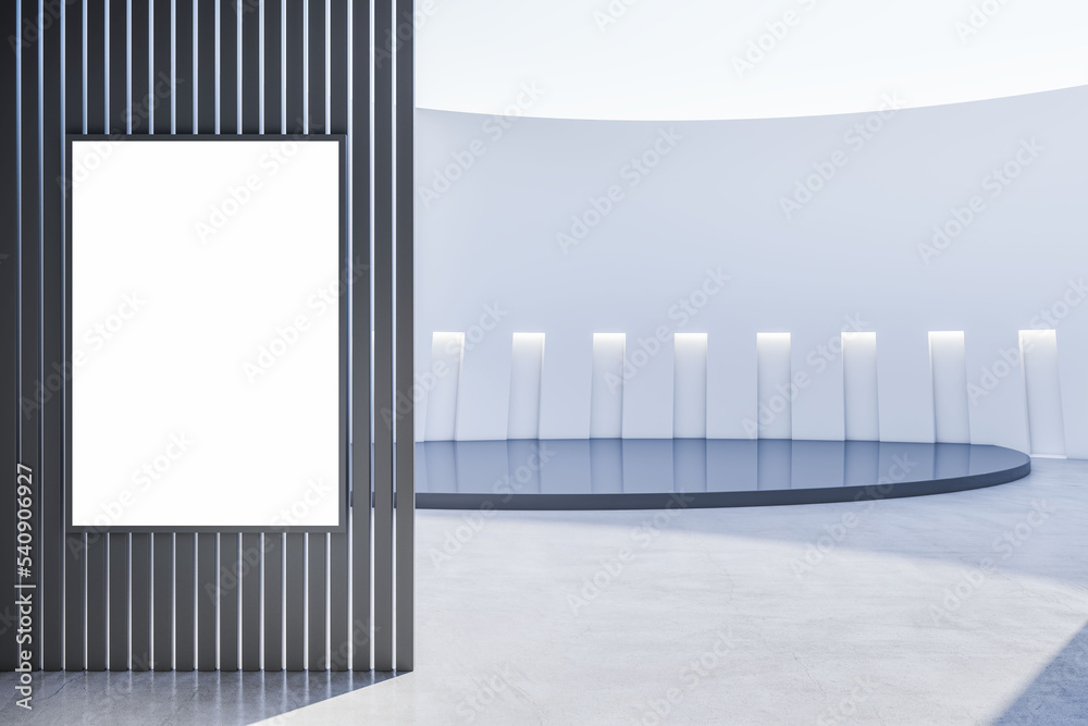 Poster modern spacious gallery interior with blank white mock up poster, reflections and details. showroom 