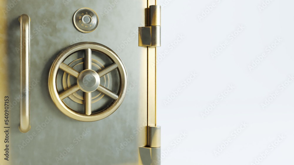 Wall mural 3D render of closed metallic safe box isolated on white background. gold bank safe with closed steel door