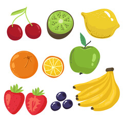 Sweet fruits. Grapes, strawberry, blackberry, cherry, watermelon, pineapple, papaya, mango, apple, banana, orange, lime. 3d realistic vector objects,
