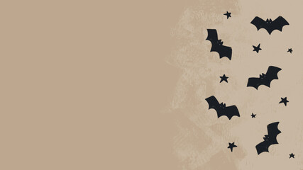 Naklejka premium Halloween Hand Drawn Vector Background with Black Flying Bats. Little Bats and Stars on a Grunge Dusty Beige Background. Halloween Party Illustration. Top View Composition ideal for Card, Banner.