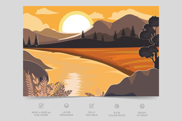 Beautiful landscape colorful nature scene flat design background template vector illustration