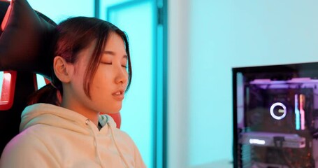 Asian, gamer and girl angry with fail online for competitive match upset with skill ranking. Loser, failure and unhappy gaming woman frustrated with internet game leaderboard for esports.