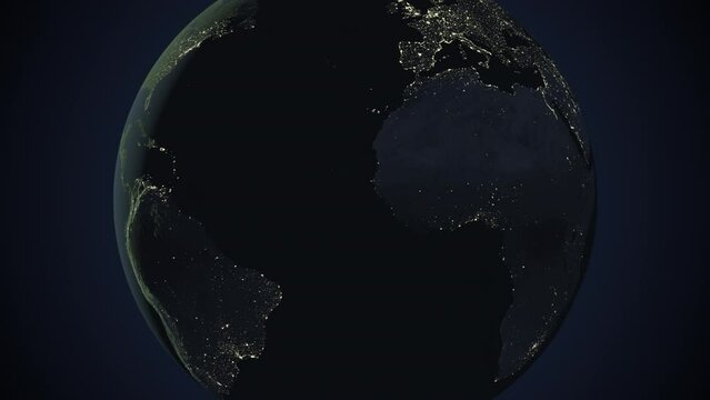 Seamless looping animation of the earth at night zooming in to the 3d map of Mauritania with the capital and the biggest cites in 4K resolution