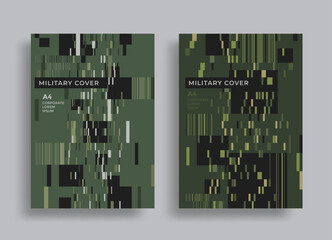 Military camouflage cover design. Army brochure with abstract pixel pattern. Vector