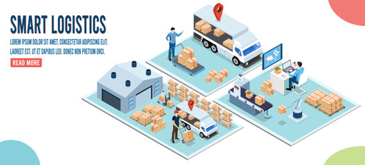 3D isometric Smart logistics concept with Warehouse Logistic, Workers loading products, transportation truck use wireless technoloty. Eps10 vector illustration