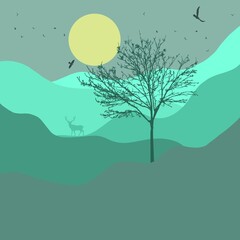 Beautiful background with deer and mountains.Landscape with deer.Minimalistic wallpaper with deer.Mountains.Beautiful bright background