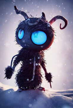 Dark Krampus With Big Blue Eyes, Winter Character, Anime, Kawaii, Made With Artificial Intelligence