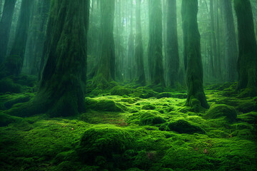 Grünes Moos des tiefen tropischen Dschungels und große Baumtapete.