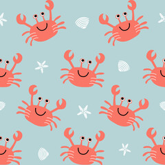 Fototapeta na wymiar Vector seamless childish pattern with red crabs, white shells and starfish on a blue background. Suitable for baby prints, nursery decor, wallpaper, wrapping paper, stationery, scrapbooking, etc.