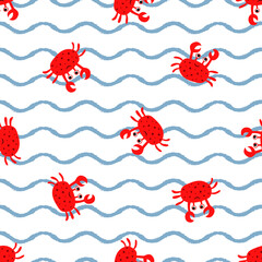 Image of Vector seamless childish pattern with red crabs on a white background with blue wavy lines. Suitable for baby prints, nursery decor, wallpaper, wrapping paper, stationery, scrapbooking, etc. printed on Printed Glass Splashbacks
