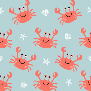 Vector seamless childish pattern with red crabs, white shells and starfish on a blue background. Suitable for baby prints, nursery decor, wallpaper, wrapping paper, stationery, scrapbooking, etc.