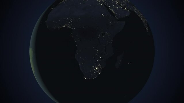 Seamless looping animation of the earth at night zooming in to the 3d map of Mauritius with the capital and the biggest cites in 4K resolution
