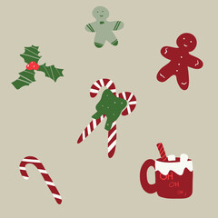 Set of red and green Christmas candy canes and gingerbread man