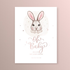 Rustic Baby shower invitation and happy birthday greeting card with watercolor cute bunny.