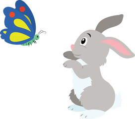 Cartoon bunny is playing with a butterfly