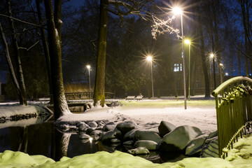 Quite winter evening in a park during winter time - obrazy, fototapety, plakaty