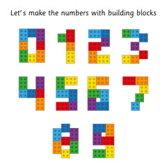Numbers with building blocks to create worksheet for kids and game. Math educational resources. Numbers clipart 