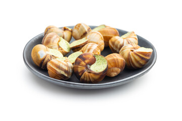 Snails with parsley butter, Bourgogne Escargot Snails  isolated on white background. Delikatese food.