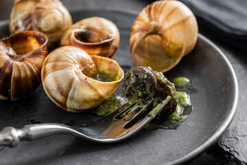 Snails with parsley butter, Bourgogne Escargot Snails on plate. Delikatese food.