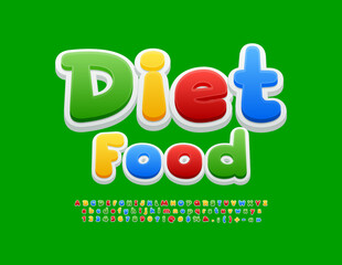 Vector colorful poster Diet Food. Bright creative Font. Artistic 3D Alphabet Letters and Numbers