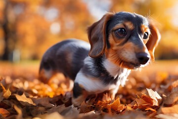 Cute dachshund dog playing with falling leaves in autumn park