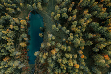 Der Lago delle Prese. Ein kleiner dunkelblauer See im Wald zur Herbstzeit. Drohnenaufnamhe von einem kleinen See 2