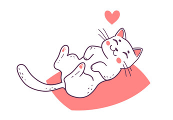 Vector illustration of happy cute cat character sleeping on pillow on white color background with heart. Flat line art style design of lying animal cat