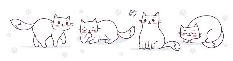 Vector set of illustration of happy cute cat character in different pose with bird and paw print on white color background. Flat line art style design of animal cat
